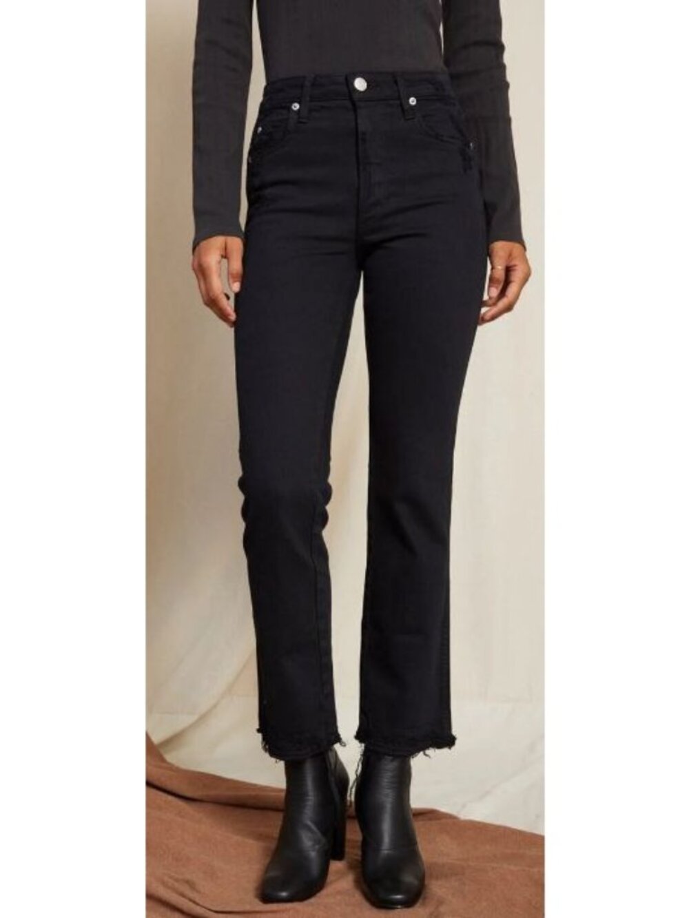 AMO jeans Size 27 Belle Black Oak Distressed NWOT $271 Straight Leg 30" Inseam